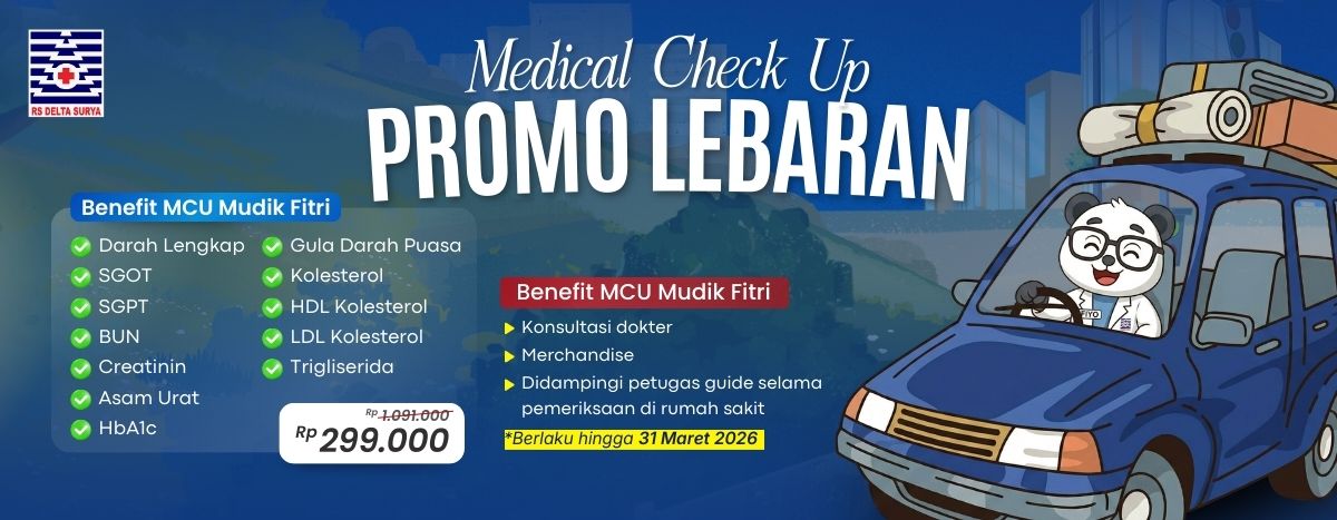 Poster promo Medical Check Up Mudik Fitri RS Delta Surya seharga Rp 299.000 untuk paket check up kesehatan lengkap 13 parameter jelang lebaran 2026